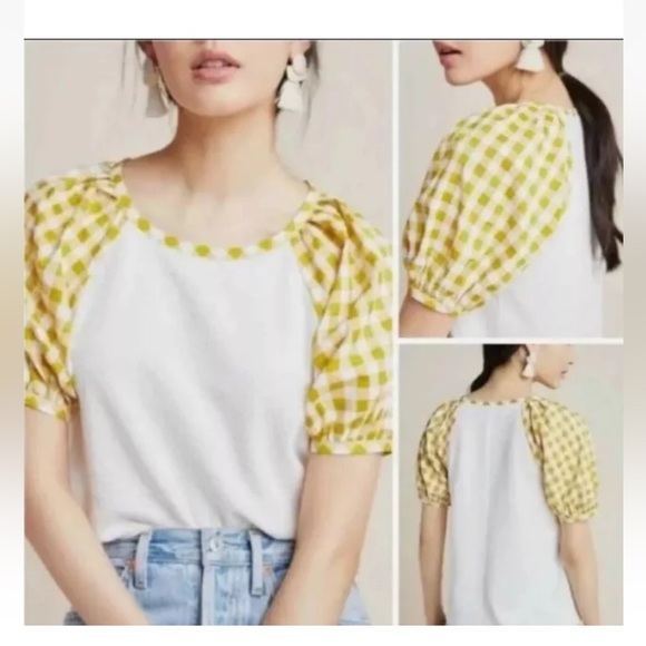 Anthropologie White And butter Yellow Gingham Blair Top small blouse cottagecore - Picture 2 of 13